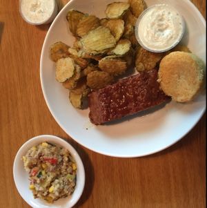 vegan meatloaf with fried pickles and tater tot casserole  at Bean Vegan Cuisine in Charlotte