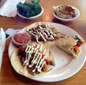Tacos with steamed kale and mashed potato & gravy sides at Bean Vegan Cuisine in Charlotte