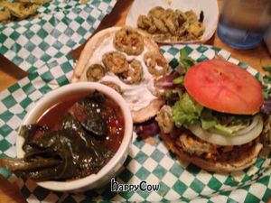 Collard Green, Jalapeño Cheddar Burger & Fried Pickles at Bean Vegan Cuisine in Charlotte