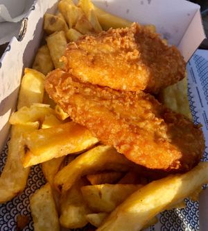 Takeaway vegan fish and chips  at Fishermans Bay in Whitley Bay