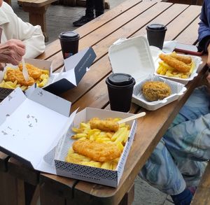 Vegan fish and sausage and chips with tea! at Fishermans Bay in Whitley Bay