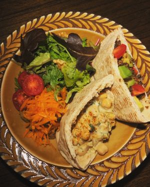 Organic whole wheat pita sandwiches (spicy chick pea salad and homemade taco made from whole food ingredients.(including nuts)  ¥1620+tax  at VEGANIZED in Chiba
