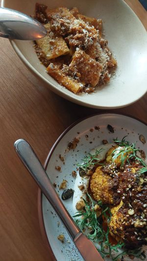 Bolognese pasta and roasted cauliflower. Large portions for a tapas place at Pietramala in Philadelphia