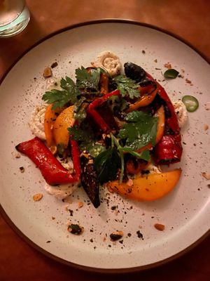 Roasted Peppers with peaches, cashew ricotta, jalapeños, and pepitas at Pietramala in Philadelphia