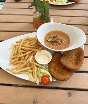 Vegan Schnitzel & Pomegranate-Lime Ice Teaa  at Cafe Extrablatt in Cologne