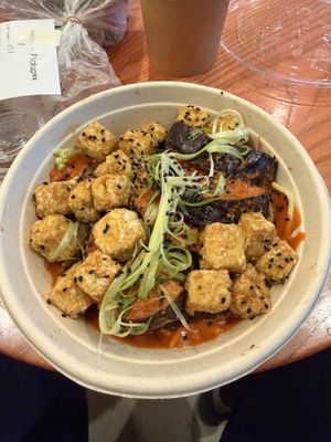 Miso eggplant & crispy rice w extra tofu  at Life Alive Organic Cafe in Somerville