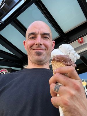 Madagascar Vanilla & Chocolate in a cone at JP Licks at J.P. Licks in Dedham