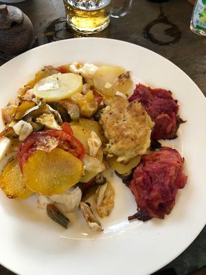 Veggies with beetroot hash browns at Chakra Tavern in Tabanan