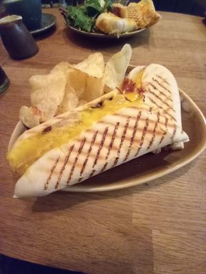 Vegan Cheeze, Sausage & pickle Panini at Keenan's in Morpeth