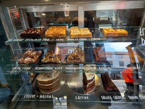 Vegan Cakes on top shelf. at Keenan's in Morpeth