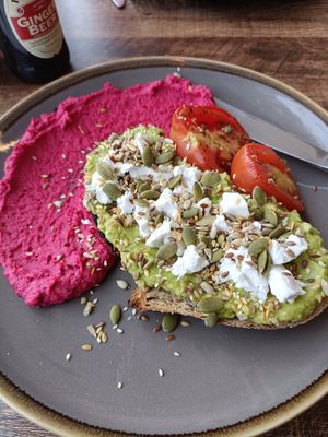 Smashed avocado and beet hummus at The Market Place in Morpeth