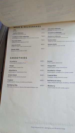 Smoothie menu at The River Café in Nairobi
