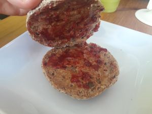 Very filling gf bagel w/jam & almond butter at SimplyRaw Express in Ottawa