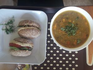 Breakfast bagel w/ soup, yummy :-) at SimplyRaw Express in Ottawa