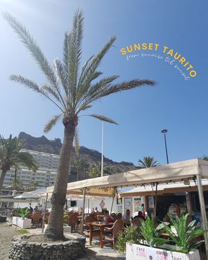 The view from the beach onto our terrace at Sunset Taurito Restaurant & Cocktail Bar in Gran Canaria