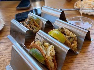 Taquitos with artichoke “tuna”, avocado and lime. Yum!   at Telefèric Barcelona in Los Gatos