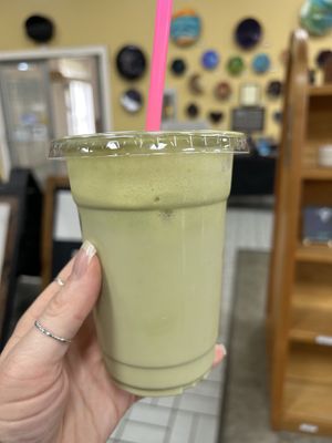 Matcha latte with oat milk - delicious!   at Frankie's NY Bagels in Eureka
