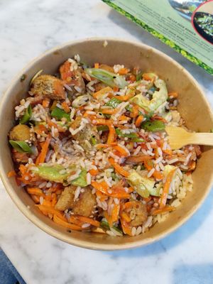 Vegan bowl with "no chicken tenders" (after I mixed everything together) at BLL - The Budda Bowl Project - Departures in Billund