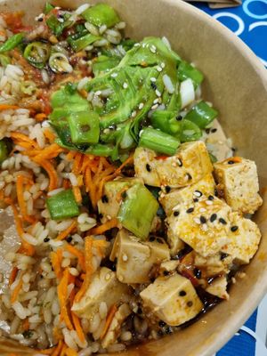 Buddha bowl with tofu (also availywith beyond meat). There was lots more veg not pictured, it was a large portion. It was delicious! at BLL - The Budda Bowl Project - Departures in Billund