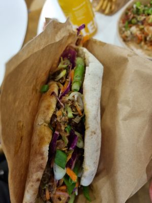 Beyond meat pita with salad, very tasty. Good size portion. at BLL - The Budda Bowl Project - Departures in Billund