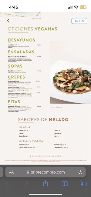 Menú vegano  at Crepes & Waffles -  Parque de la 93 in Bogota