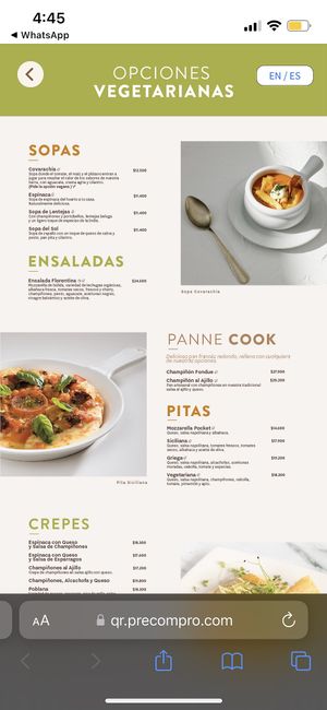 Menú vegetariano p1  at Crepes & Waffles -  Parque de la 93 in Bogota