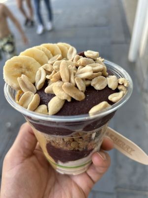 Delicious with peanuts, banana, vegan protein, vegan granola and peanut butter. Expensive at $19.45 for a small though    at Oakberry in Surfers Paradise