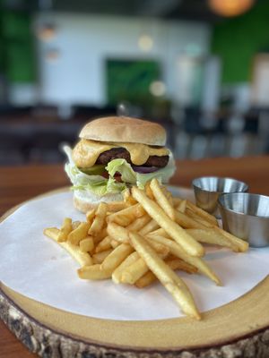 Burger and fries  at Avec in Jeju