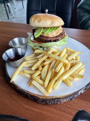 Chipotle burger and fries  at Avec in Jeju