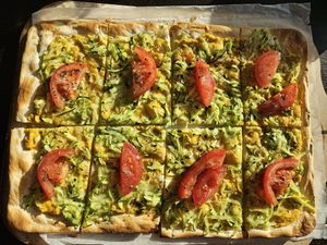 Tarte flambée with hummus, courgette and tomato at Xafé im KAP1 in Dusseldorf