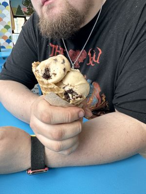 Vegan Cashew brownie double scoop in a waffle cone   at Love Creamery - Canal Park in Duluth