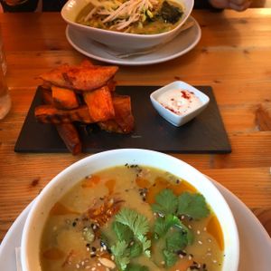 soup of the day and sweet potatoes fries at Wild Food Cafe in London