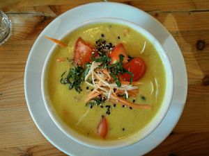 soup of the day (lentils, coconut and tomato) at Wild Food Cafe in London