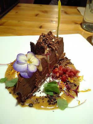 Chocolate mousse cake made from avocados and cacao with a caramel sauce made from dates at Wild Food Cafe in London