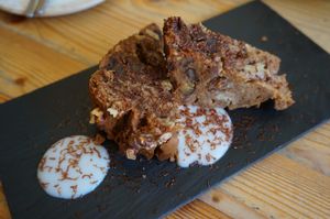 Banana bread w/Almond vanilla custard at Wild Food Cafe in London