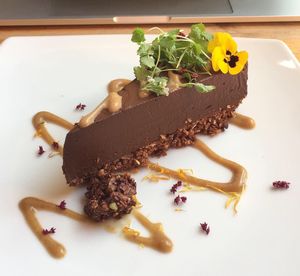 Raw chocolate tart, date syrup at Wild Food Cafe in London
