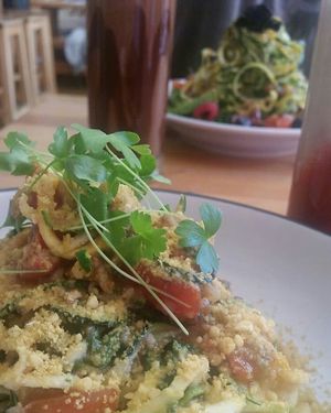 Courgette spaghetti in the front at Wild Food Cafe in London