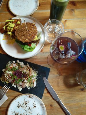 Salad and burger :) at Wild Food Cafe in London
