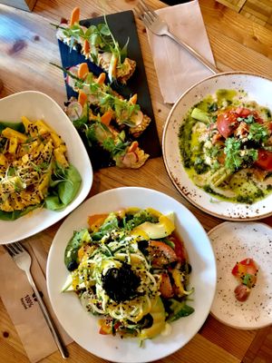 Chickpea tofu, apricot hummus, butternut squash bruschetta, Ayurvedic salad  at Wild Food Cafe in London