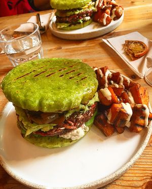 The Green Burger with Sweet Potato Cubes  at Wild Food Cafe in London