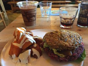Veggie burger and sweet potato at Wild Food Cafe in London