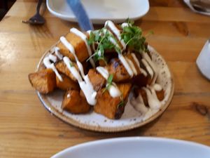 Sweet potato cubes with cashew aioli at Wild Food Cafe in London