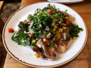 Mushrooms with veggies on toast at Wild Food Cafe in London