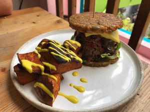 Delicious burger and chips  at Wild Food Cafe in London