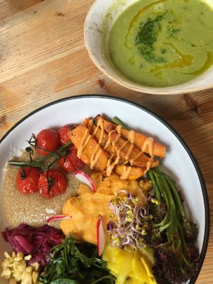Rainbow bowl and kale pea soup at Wild Food Cafe in London