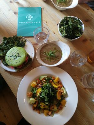 Wild Mayan Salad 14.75 GBP
with smoked coconut flakes, pomegranate, blood orange, cacao nibs, wild green leaves, avocado, marinated courgette, squash, wakame and quinoa – with re at Wild Food Cafe in London