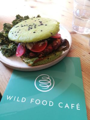 The Green Samurai Burger 14.5 GBP
Raw pink olive, shiitake mushroom & burdock root patty, wasabi feta crumble, seaweed & radish pickles, miso mayo, hawthorn berry ketchup, fresh sp at Wild Food Cafe in London