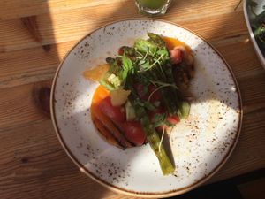 Squash bruschetta. I thought they meant squash topping on GF bread, but, surprise!, it was a slab of squash. I wasn’t sure about it when I saw it, but ended up enjoying it   at Wild Food Cafe in London