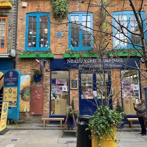 Frontage with Monty Python blue plaque at Wild Food Cafe in London