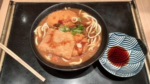 Pumpkin Katsu Curry Udon with extra Kistune slice at Kineya Mugimaru in Cambridge